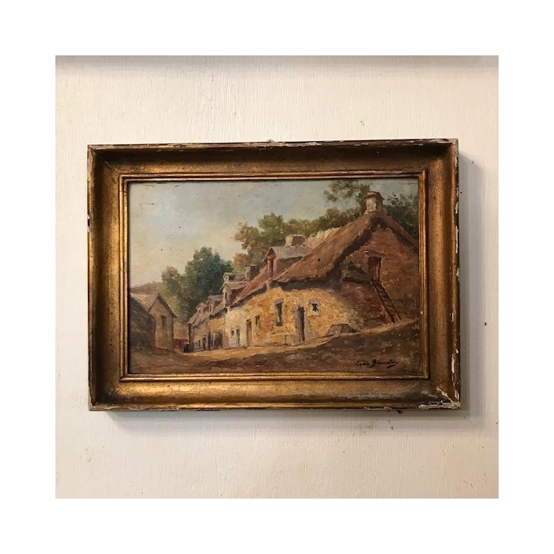 French Pair of C1900 Village Scenes Oil on Canvas