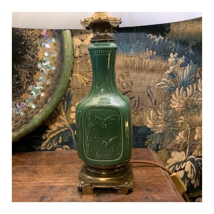 C19th French Converted Chinoiserie Green Lamps