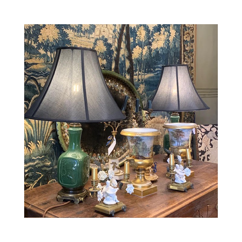 C19th French Converted Chinoiserie Green Lamps