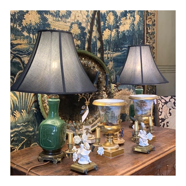 C19th French Converted Chinoiserie Green Lamps