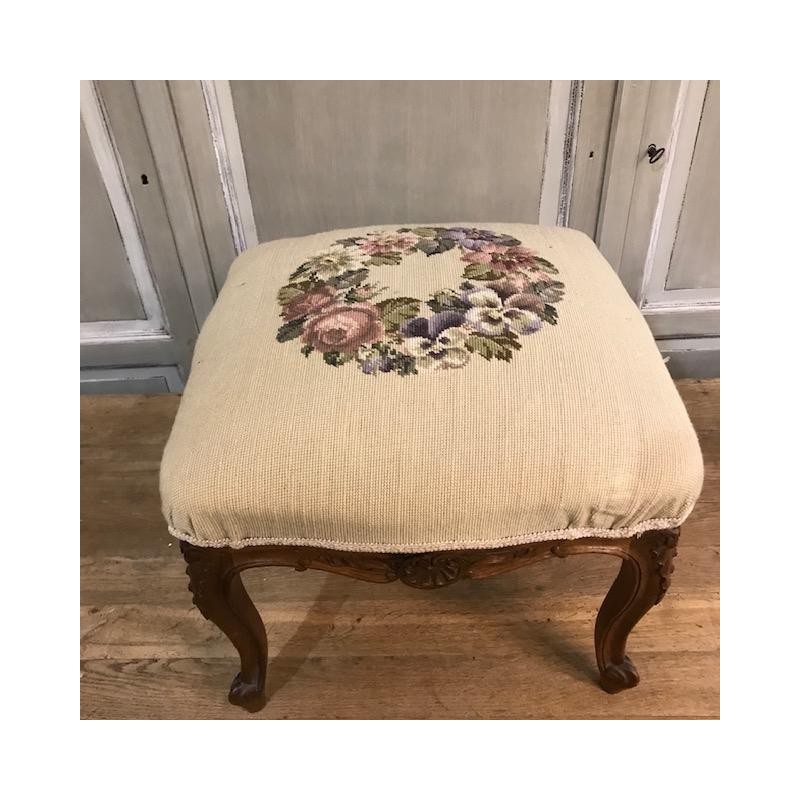 C1900 French Louis XV Style Oak Stool With Tapestry Upholstery