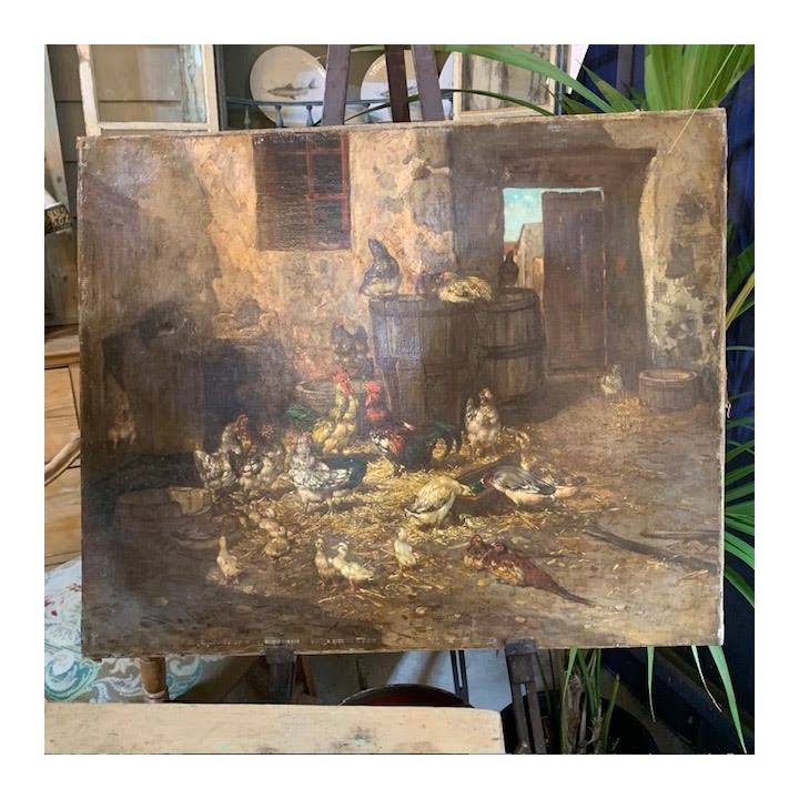 C19th French Oil on Canvas Le Poulailler