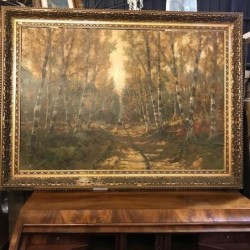 C19th Belgium Le Chemin Autumn Scene Paysage Oil on Canvas in Antique Frame