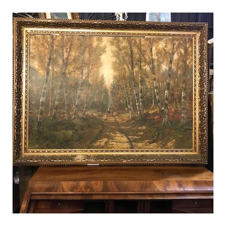 C19th Belgium Le Chemin Autumn Scene Paysage Oil on Canvas in Antique Frame
