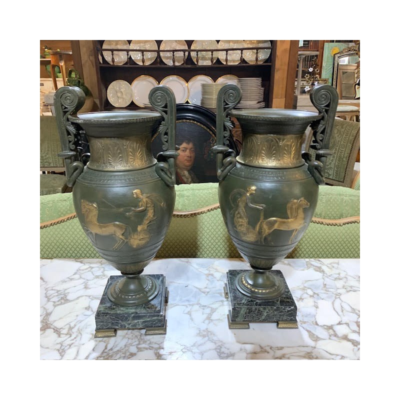 C19th French Pair of Bronze and Marble Base Urns