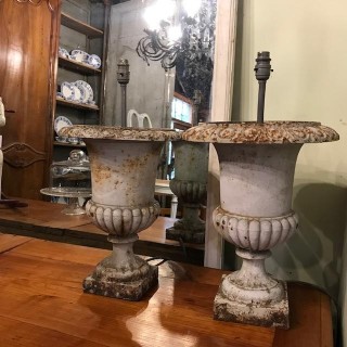 C19th French Cast Iron Medici Urn Lamps