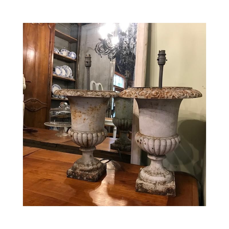 C19th French Cast Iron Medici Urn Lamps