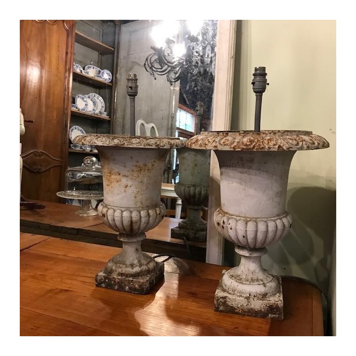 C19th French Cast Iron Medici Urn Lamps