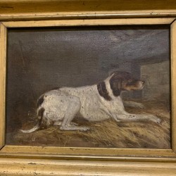 C19th French Hunting Dog Oil on Canvas