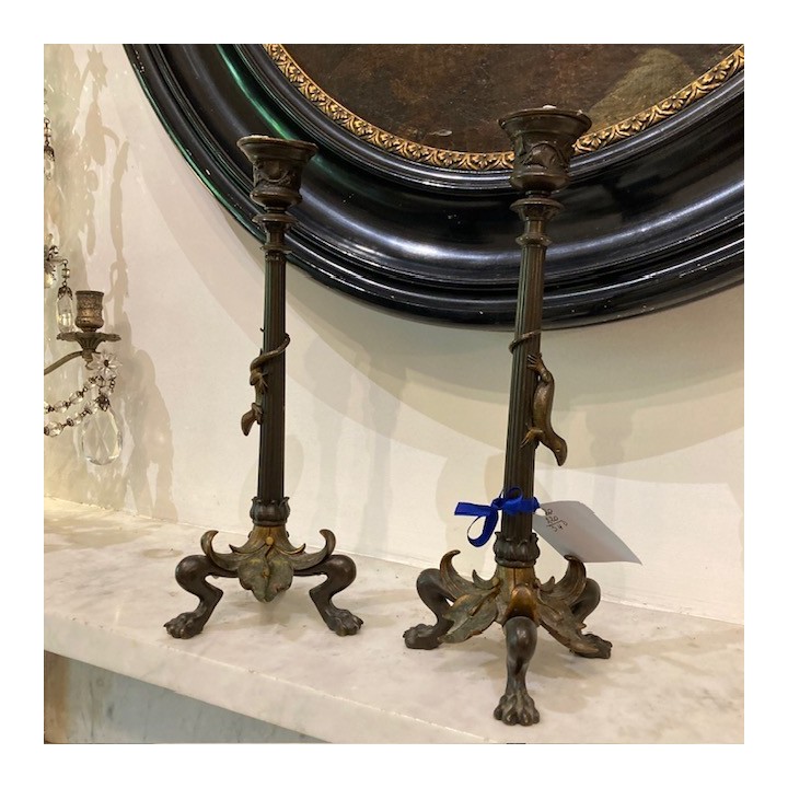 C19th Napoleon III Barbeidienne Pair of Bronze Candle Holders