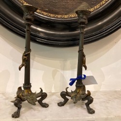 C19th Napoleon III Barbeidienne Pair of Bronze Candle Holders