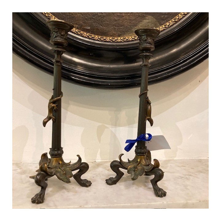 C19th Napoleon III Barbeidienne Pair of Bronze Candle Holders