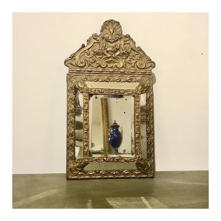 C19th French Louis XVI Style Brass Repousse Mirror Cushion Mirror