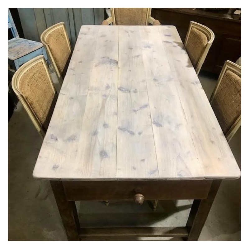 Antique French Oak Farmhouse Table with lime Waxed Pine Top