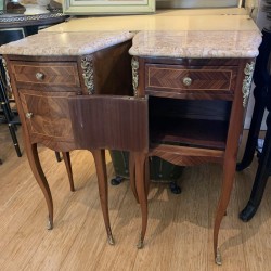 C1900's pair of French Marble Top Marquetry Bedsides