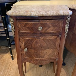 C1900's pair of French Marble Top Marquetry Bedsides
