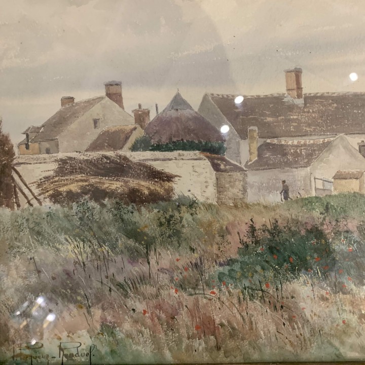 French Watercolour Village Country Scene