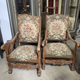C19th French Louis XIII Style Pair of Tapestry Armchairs