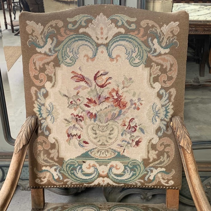 C19th French Louis XIII Style Pair of Tapestry Armchairs