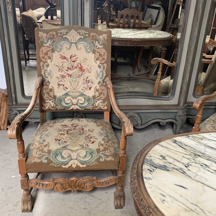 C19th French Louis XIII Style Pair of Tapestry Armchairs
