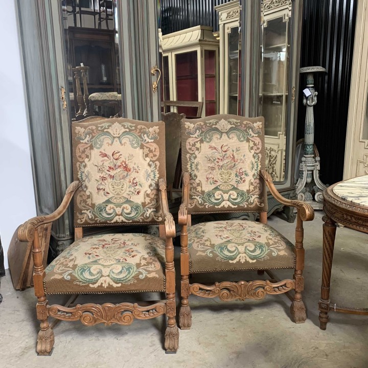 C19th French Louis XIII Style Pair of Tapestry Armchairs