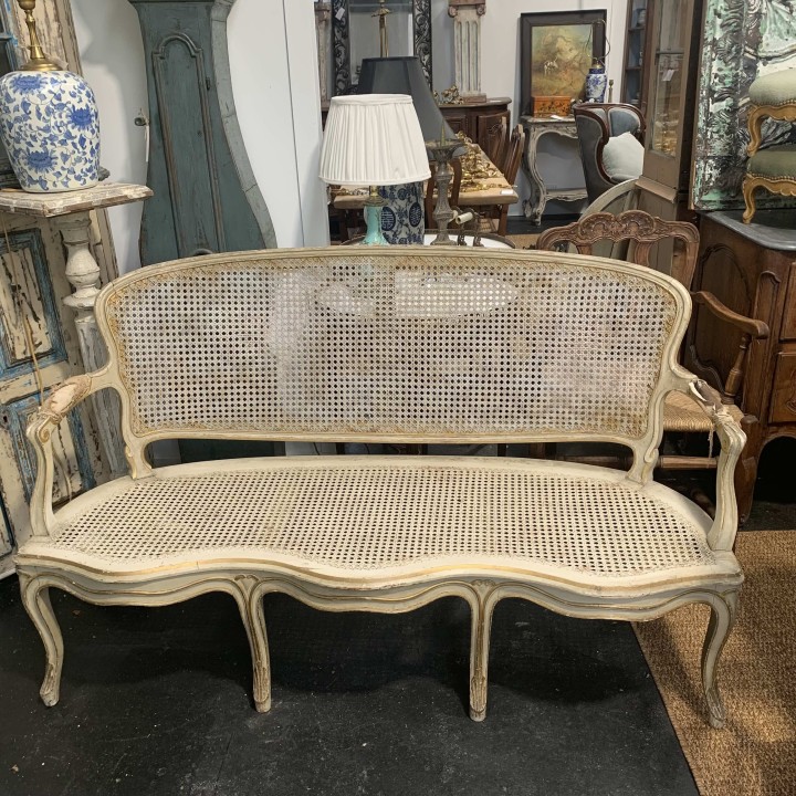 C19th French Canape Louis XV Style Cane and painted finish