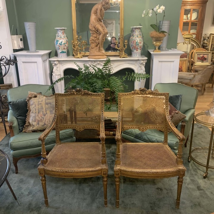 C19th Pair  Gilt wood and Cane Fauteuils Lois XVI Style