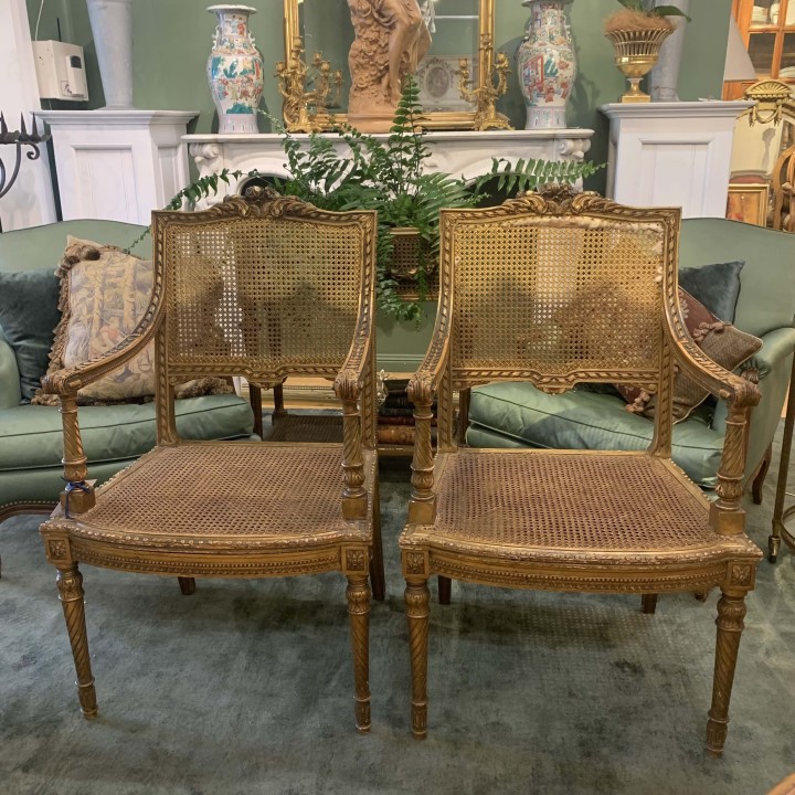 C19th Pair  Gilt wood and Cane Fauteuils Lois XVI Style