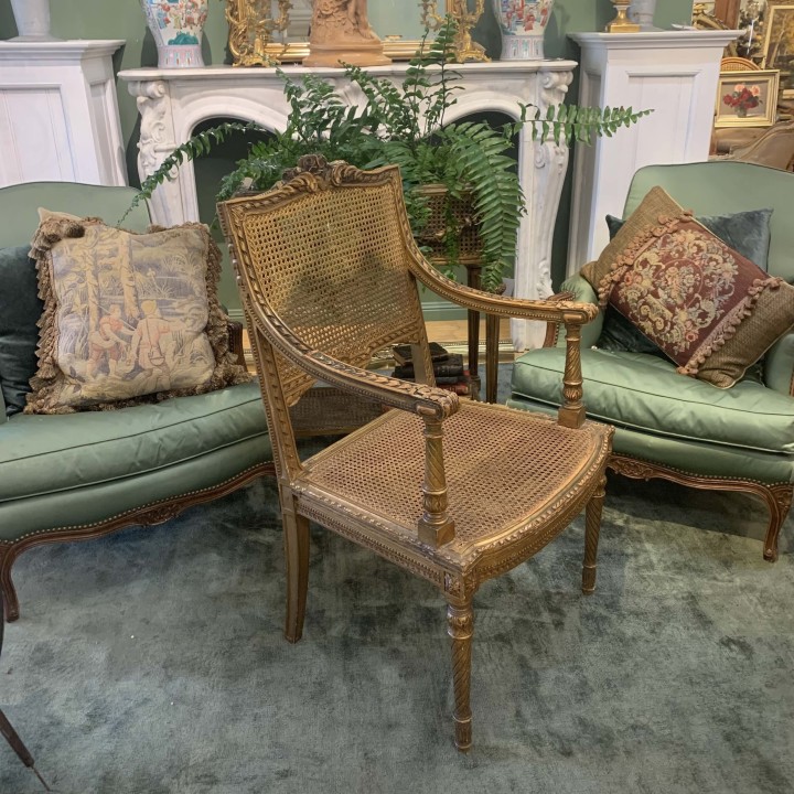 C19th Pair  Gilt wood and Cane Fauteuils Lois XVI Style